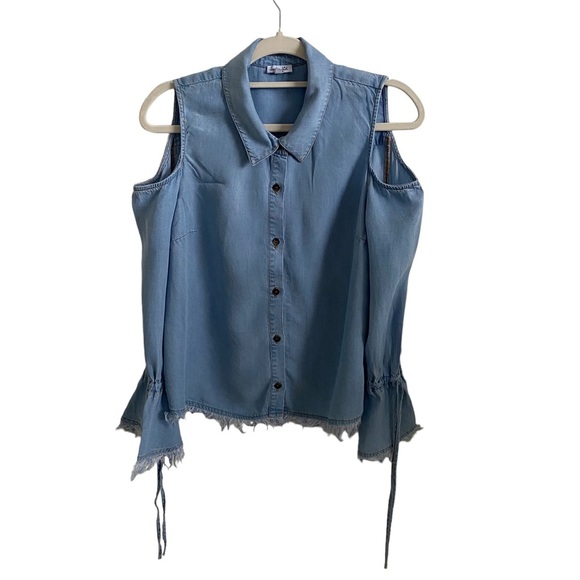 Splendid cold shoulders button down shirt blue chambray denim frayed edges M - Picture 7 of 14